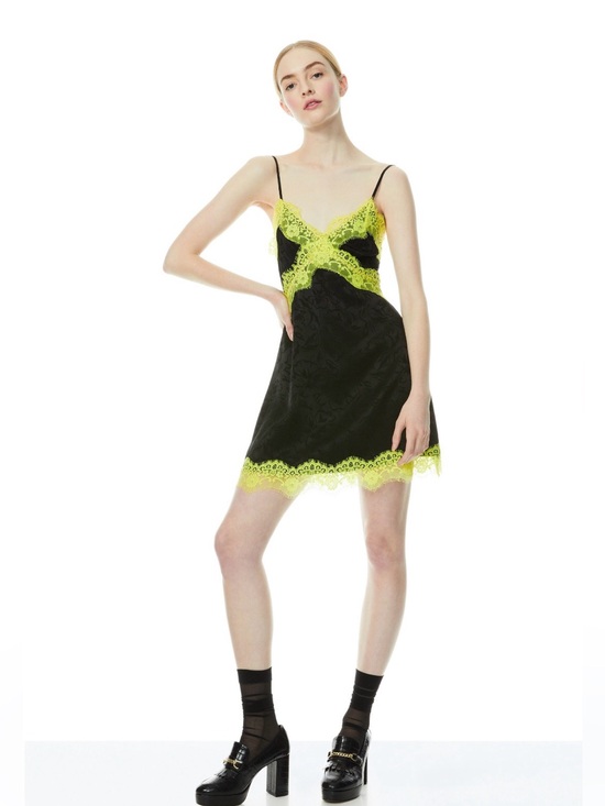 Alice + Olivia Dresses & Skirts - Alice + Olivia Zaira Lace Trim Mini Dress – Black / Lime Punch